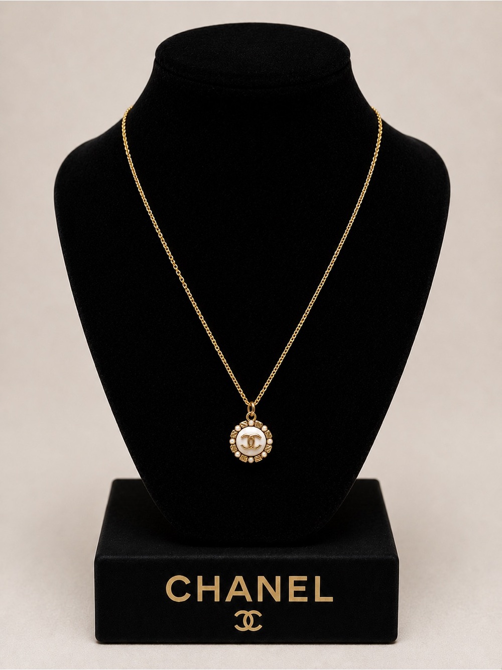 CHANEL Gold and White Pearl CC Medallion Necklace